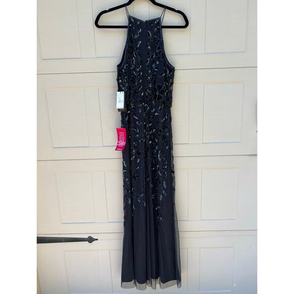 NWT Adrianna Papell Navy Twilight Floral Beaded Halter Floor Length Dress Sz 10 - Picture 7 of 13